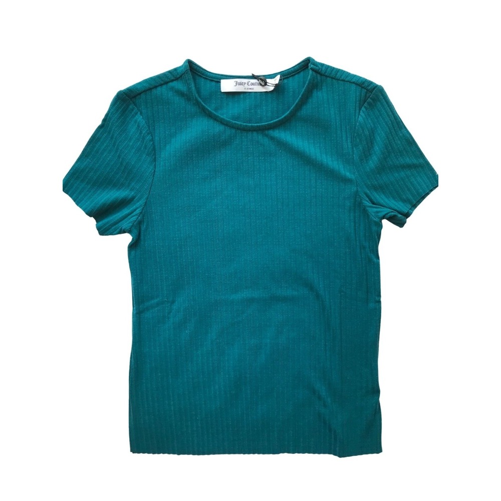Juicy Couture Ribbed Fitted Baby Tee Solid Teal Short‎ Sleeve Y2K Womens Top XS